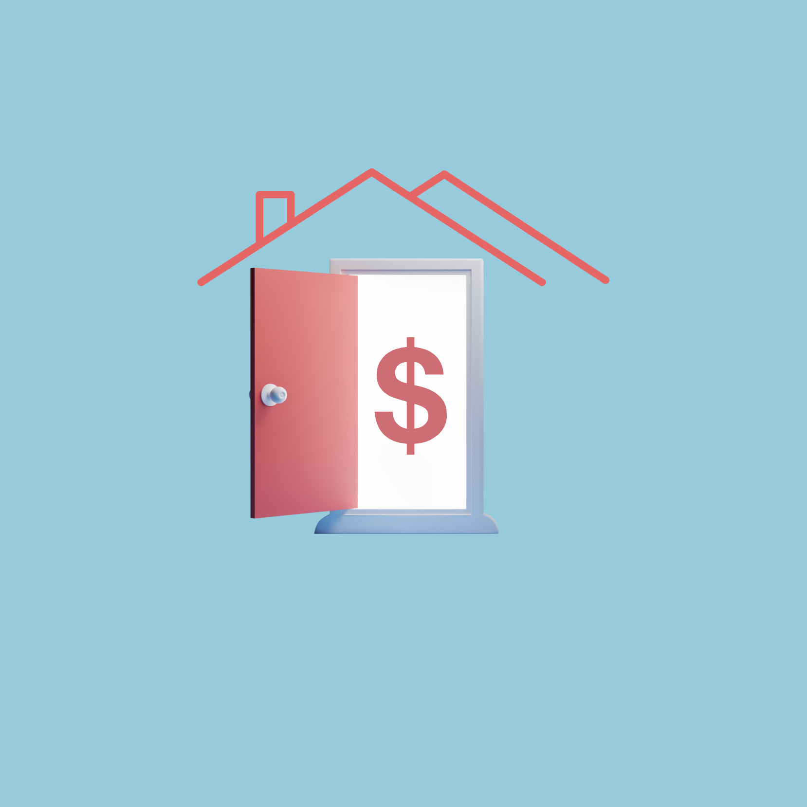 Illustration of a door and a home with a dollar sign.