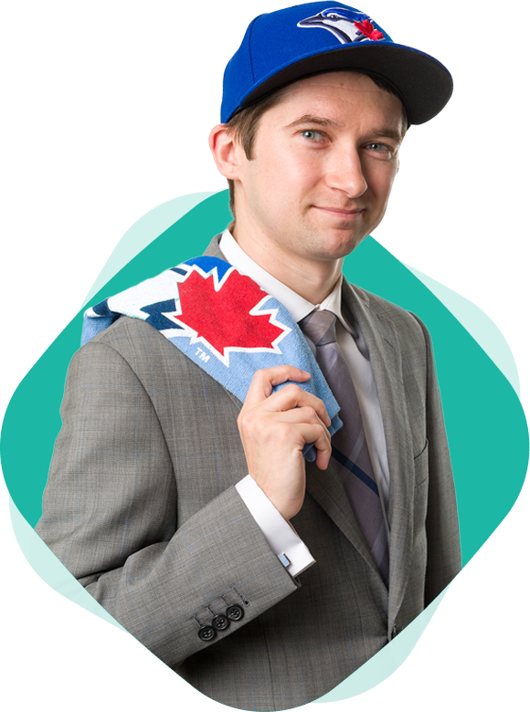 Photo of Tax Specialist abd Stern Cohen Partner Adam Morke, CPA, CA, TEP wearing a Blue Jays cap and holding a rally flag