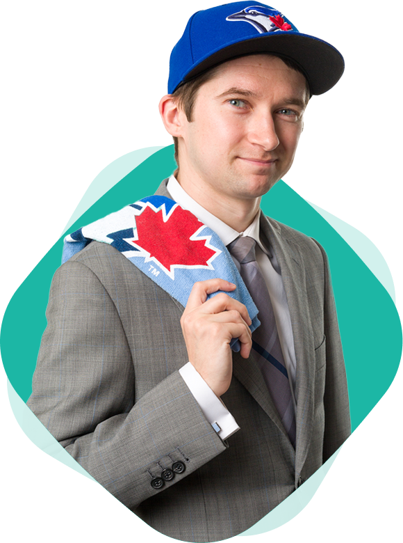 Photo of Tax Specialist abd Stern Cohen Partner Adam Morke, CPA, CA, TEP wearing a Blue Jays cap and holding a rally flag