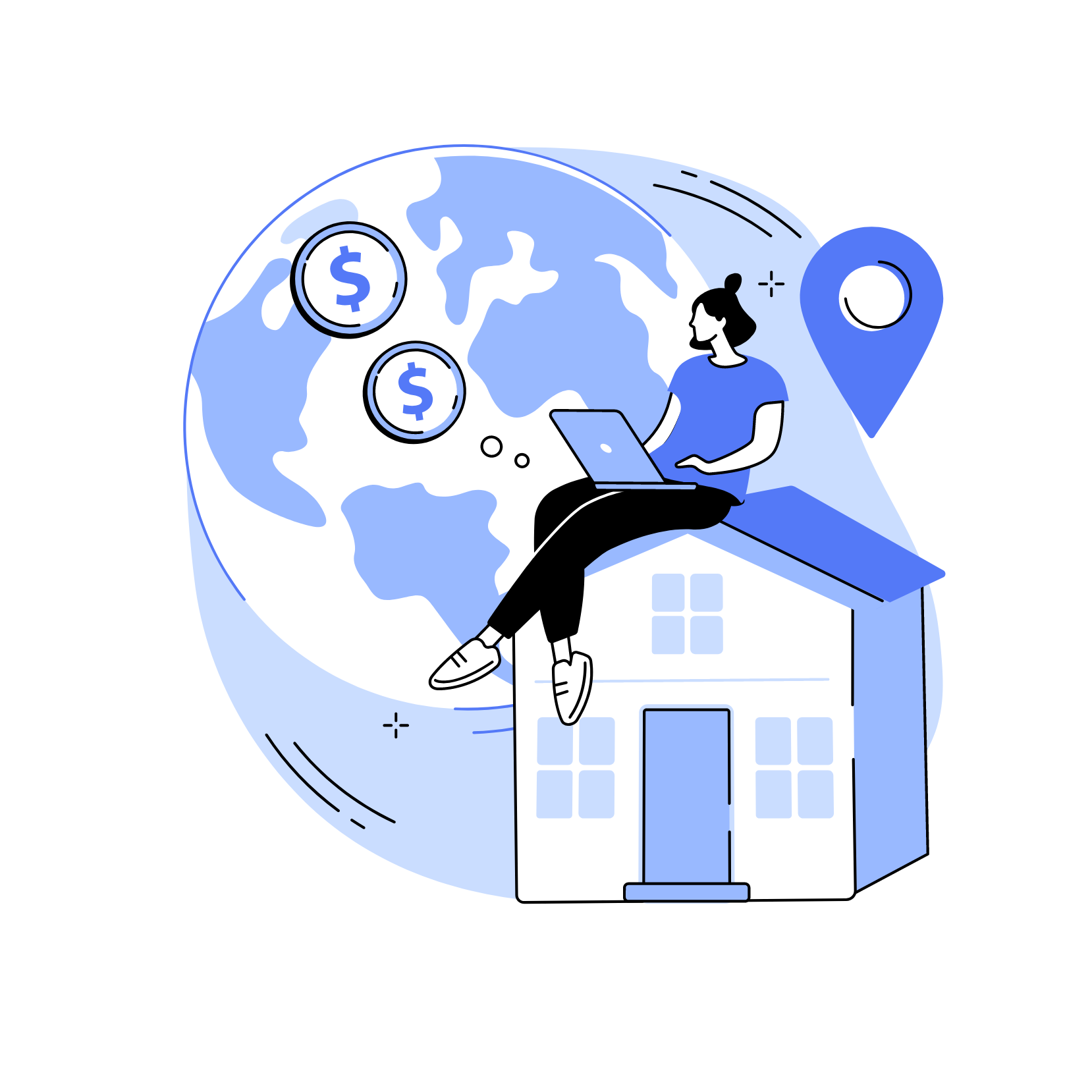 Illustration of a house, a globe and a person on a laptop.