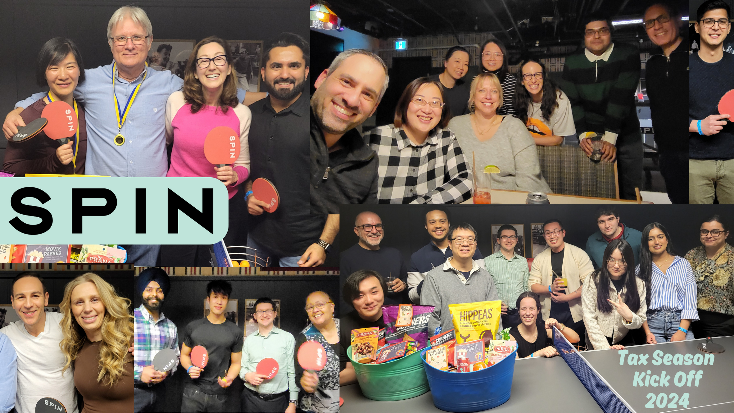 A collage of Stern Cohen team members at our Tax Season Kick Off party. We're playing ping pong at Spin.