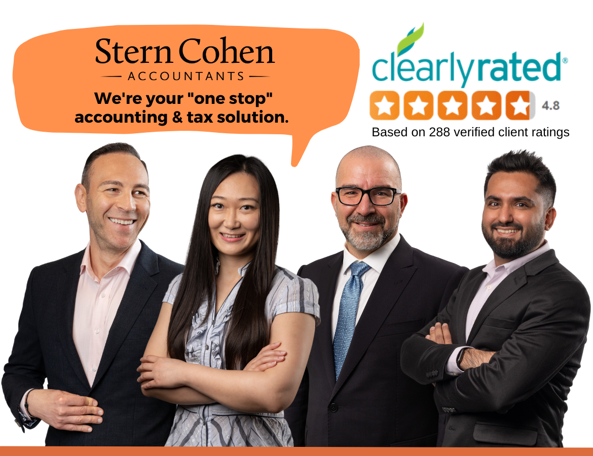 Four members of Stern Cohen's Accounting Services Team are pictured with our Client Satisfaction rating of 4.8 out of 5
