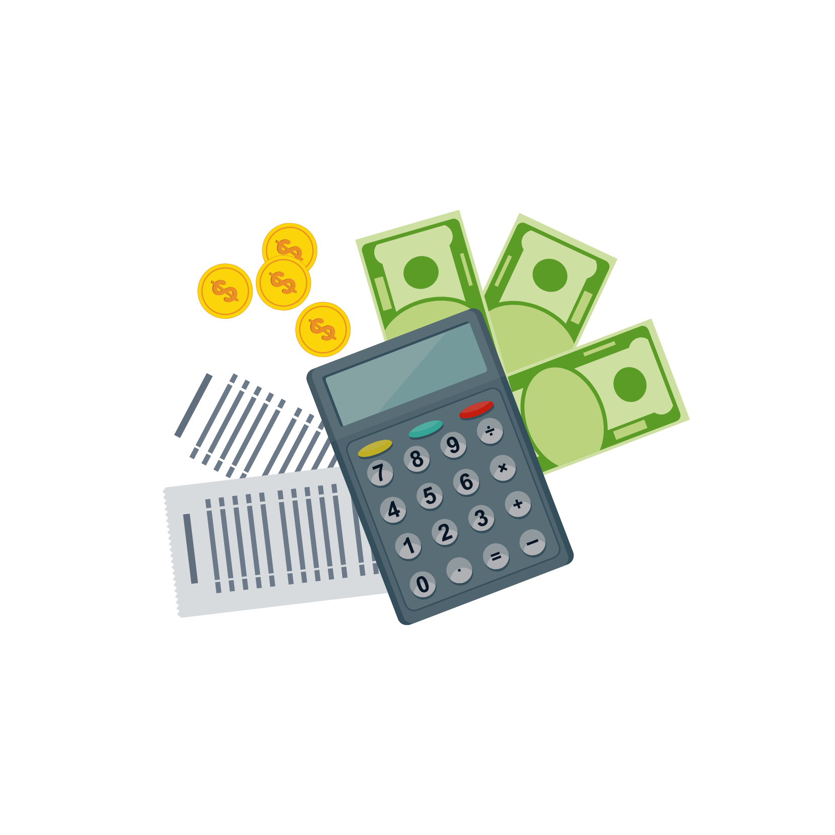 Collage of money, coins, calculator