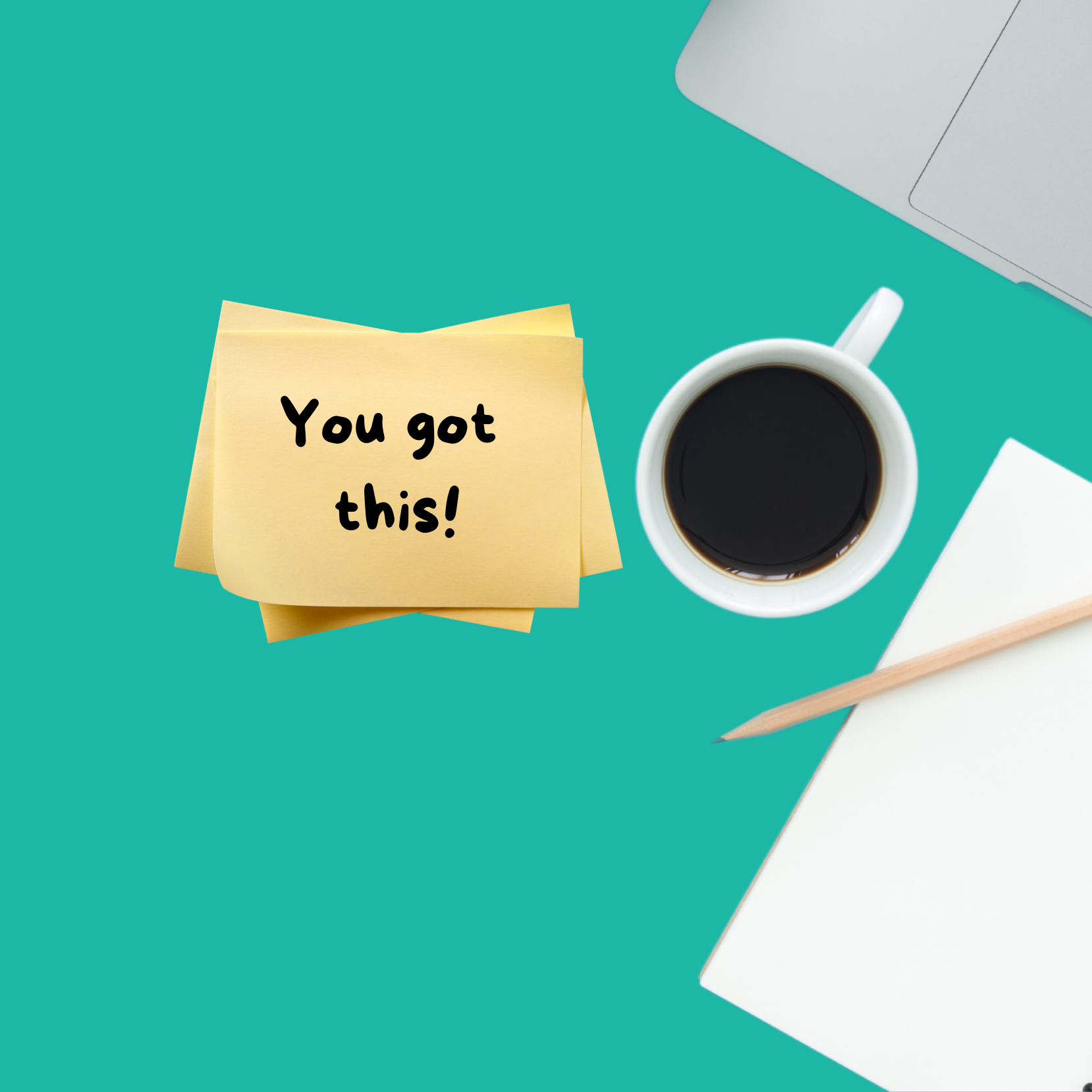 photo of desk with coffee cup, pencil and laptop and sticky note 