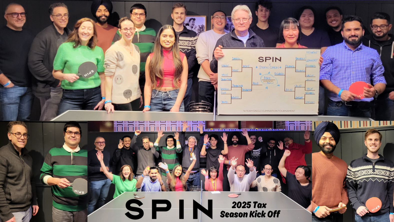 A photo collage of Stern Cohen team members at our 2025 Tax Season Kick Off party. We're playing ping pong at Spin.